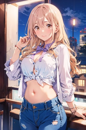 Girl, (wavy hair),  top blouse, neckline, belly button, jeans, soft smile, city, night, ,scandal tomomi