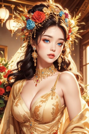 busty and sexy girl, 8k, masterpiece, ultra-realistic, best quality, high resolution, high definition,1girl, solo, long hair, breasts, looking at viewer, blue eyes, black hair, hair ornament, dress, cleavage, jewelry, medium breasts, upper body, flower, earrings, indoors, hair flower, lips, from below, red dress, realistic