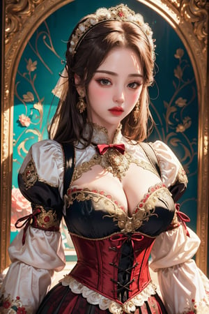 busty and sexy girl, 8k, masterpiece, ultra-realistic, best quality, high resolution, high definition, Lolita, maid, Victorian fashion, Rococo fashion, black corset with red ribbon lacing, White lace details on the sleeves, Puffed sleeves, headpiece adorned with flowers, ornate flower frame background, historical vibe, historical fashion with fantasy elements,lolita