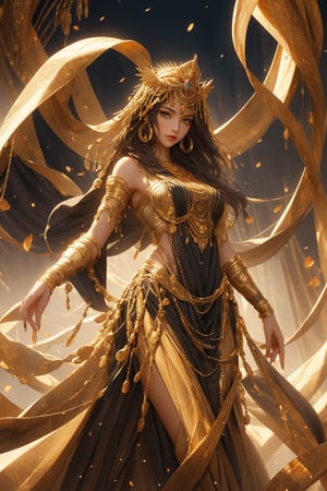 busty and sexy girl, 8k, masterpiece, ultra-realistic, best quality, high resolution, high definition,The image features a fantasy character standing in a body of water, which is depicted with concentric circles and ripples. The character has long white hair, green eyes, and is adorned with golden armor and a crown-like headpiece. They hold a staff that emits golden flames, suggesting magical abilities. The overall color scheme is dark with gold accents, creating a mystical and regal atmosphere.