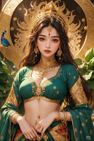 busty and sexy girl, 8k, masterpiece, ultra-realistic, best quality, high resolution, high definition,The image features a figure adorned with traditional Indian attire and jewelry, indicative of a deity from Hindu mythology. The central figure's headdress is ornate, suggesting a royal or divine status, and the peacock feather motifs are emblematic of the Hindu goddess Sri Lanka, also known as Lakshmi. The use of vibrant colors and intricate patterns on the clothing is characteristic of Indian art and often represents the richness of culture and spirituality. The serene expression and regal pose further suggest a depiction of a divine being, likely associated with prosperity and beauty. The presence of the peacock, a creature often associated with the goddess, reinforces this interpretation. The overall composition and stylistic elements are reminiscent of traditional Indian religious iconography.