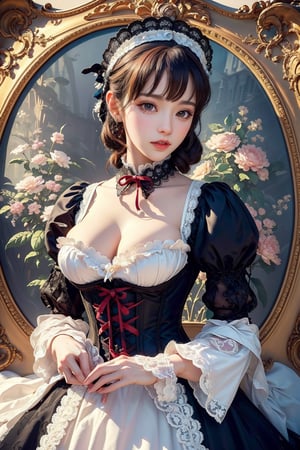 busty and sexy girl, 8k, masterpiece, ultra-realistic, best quality, high resolution, high definition, Lolita, maid, Victorian fashion, Rococo fashion, black corset with red ribbon lacing, White lace details on the sleeves, Puffed sleeves, headpiece adorned with flowers, ornate flower frame background, historical vibe, historical fashion with fantasy elements,lolita