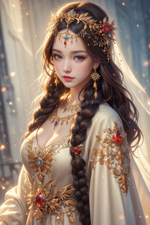 busty and sexy girl, 8k, masterpiece, ultra-realistic, best quality, high resolution, high definition, masterpiece, 1girl, solo, long hair, looking at viewer, blush, blue eyes, brown hair, black hair, long sleeves, dress, jewelry, closed mouth, upper body, braid, earrings, necklace, lips, eyelashes, single braid, gem, veil, hair over shoulder, freckles, realistic, traditional clothes, multiple braids, head chain