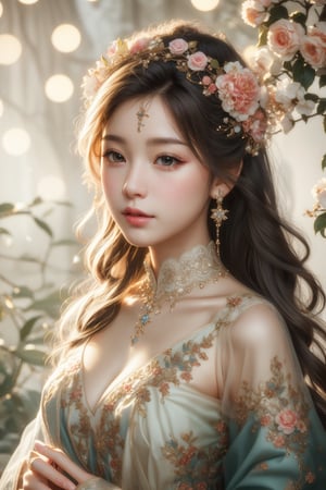 busty and sexy girl, 8k, masterpiece, ultra-realistic, best quality, high resolution, high definition, dreamy and artistic, likely aiming to evoke a sense of fantasy or a fairytale-like atmosphere. The person in the image is adorned with a vibrant floral crown, which could symbolize nature, growth, or a connection to the environment. The pastel shades and soft, bokeh-like background contribute to the ethereal quality of the scene.