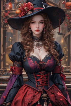 busty and sexy girl, 8k, masterpiece, ultra-realistic, best quality, high resolution, high definition, halloween, witch dress, witch hat, pumpkins, Victorian fashion, Rococo fashion, black corset with red ribbon lacing, purple lace details on the sleeves, Puffed sleeves, ornate flower frame background, historical vibe, historical fashion with fantasy elements,lolita