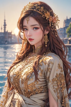 busty and sexy girl, 8k, masterpiece, ultra-realistic, best quality, high resolution, high definition, Create an image of a female figure in a classical style, with flowing hair and draped in elegant garments. The setting is within an ornate oval frame, featuring elements of nature such as floral motifs and a sunset over water in the background. The art style should be reminiscent of Art Nouveau, with intricate line work and a warm color palette.