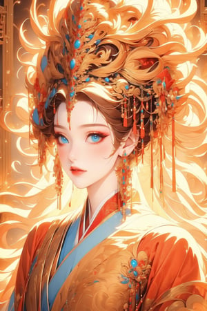 busty and sexy girl, 8k, masterpiece, ultra-realistic, best quality, high resolution, high definition, 1girl, solo, long hair, looking at viewer, blue eyes, blonde hair, hair ornament, jewelry, closed mouth, upper body, earrings, lips, makeup, chinese clothes, gem, realistic, headdress, red lips, hanfu, traditional clothes