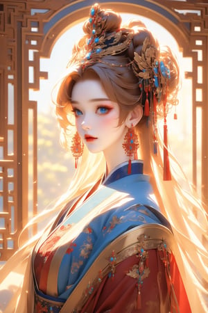 busty and sexy girl, 8k, masterpiece, ultra-realistic, best quality, high resolution, high definition, 1girl, solo, long hair, looking at viewer, blue eyes, blonde hair, hair ornament, jewelry, closed mouth, upper body, earrings, lips, makeup, chinese clothes, gem, realistic, headdress, red lips, hanfu, traditional clothes