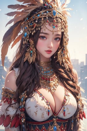 busty and sexy girl, 8k, masterpiece, ultra-realistic, best quality, high resolution, high definition, Tribal girl, feather headdress, GEMS