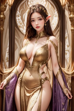 busty and sexy girl, 8k, masterpiece, ultra-realistic, best quality, high resolution, high definition, elf, enchanting fantasy-style costume, The predominant colors are white and purple, The dress features floral motifs and delicate gold accents, The overall design exudes elegance and magic, glowing purple forest