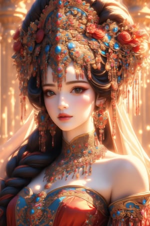 busty and sexy girl, 8k, masterpiece, ultra-realistic, best quality, high resolution, high definition, 1girl, solo, long hair, looking at viewer, black hair, hair ornament, dress, bare shoulders, brown eyes, jewelry, collarbone, upper body, braid, flower, multicolored hair, earrings, hair flower, necklace, lips, realistic