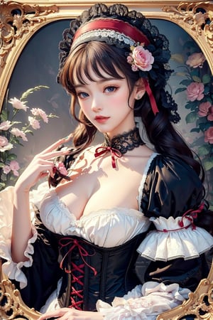 busty and sexy girl, 8k, masterpiece, ultra-realistic, best quality, high resolution, high definition, Lolita, Victorian fashion, Rococo fashion, black corset with red ribbon lacing, White lace details on the sleeves, show shoulders, (ornate flower frame background), (flower background), historical vibe, historical fashion with fantasy elements,((good hands))