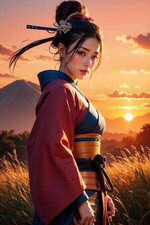 SUNSET, ((SAMURAI)) , girl, 8k, masterpiece, ultra-realistic, best quality, high resolution, high definition,SUNSAI,MUGODDESS