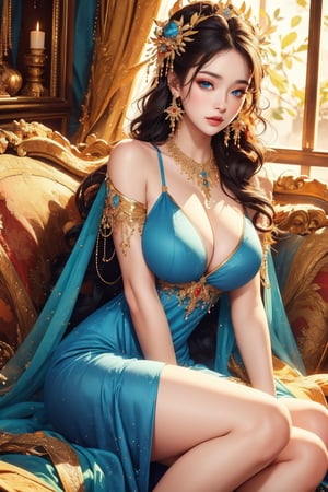 busty and sexy girl, 8k, masterpiece, ultra-realistic, best quality, high resolution, high definition, 1girl, solo, long hair, breasts, looking at viewer, blue eyes, large breasts, black hair, hair ornament, dress, cleavage, bare shoulders, jewelry, sitting, closed mouth, earrings, necklace, blue dress