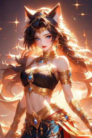 busty and sexy girl, 8k, masterpiece, ultra-realistic, best quality, high resolution, high definition, bare shoulder, sparkle, glow, close mouth, 1girl, solo, long hair, breasts, looking at viewer, blue eyes, skirt, black hair, navel, animal ears, cleavage, bare shoulders, jewelry, medium breasts, closed mouth, cowboy shot, earrings, day, midriff, cat ears, black skirt, bracelet, lips, crop top, animal ear fluff, clothing cutout, gem, armlet, gold trim, red lips, gold