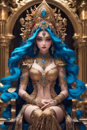 busty and sexy girl, 8k, masterpiece, ultra-realistic, best quality, high resolution, high definition,The image depicts a seated female figure, likely a representation of a goddess or mythological character, given the stylized and ornate nature of her attire and adornments. The figure is adorned with intricate jewelry, including necklaces and earrings, which suggest a status of high importance or divinity. Her headdress is elaborate, featuring multiple layers and decorative elements that add to her regal appearance. The background is richly detailed with swirling patterns and motifs that are reminiscent of Art Nouveau style, characterized by flowing lines and natural forms. The color palette is dominated by blues, golds, and earth tones, creating a harmonious and ethereal atmosphere. The overall impression is one of elegance, mysticism, and a sense of being transported to another realm or era.