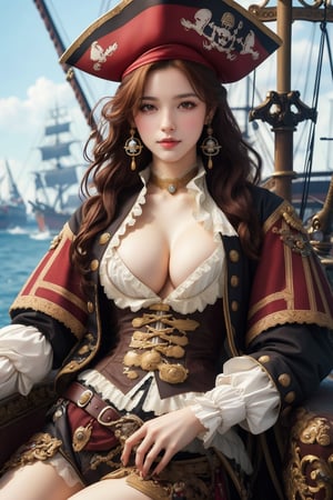 busty and sexy girl, 8k, masterpiece, ultra-realistic, best quality, high resolution, high definition, (1700s Pirate), pirate clothing and attire, 1700s pirate scenery, on board a 1700s pirate ship