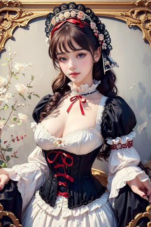 busty and sexy girl, 8k, masterpiece, ultra-realistic, best quality, high resolution, high definition, Lolita, Victorian fashion, Rococo fashion, black corset with red ribbon lacing, White lace details on the sleeves, show shoulders, (ornate flower frame background), (flower background), historical vibe, historical fashion with fantasy elements, cowboy shot