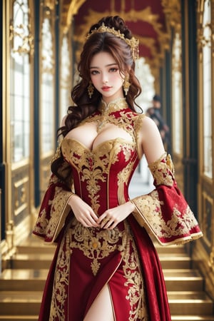 busty and sexy girl, 8k, masterpiece, ultra-realistic, best quality, high resolution, high definition, A PRETTY GIRL standing in an opulent interior setting, such as a grand staircase or hallway with ornate architectural details like arches or columns. The person is wearing an elegant, form-fitting dress with intricate gold embroidery on the bodice and sleeves, and a flowing skirt that contrasts in color, possibly black. The overall aesthetic should be luxurious and sophisticated.