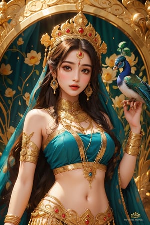 busty and sexy girl, 8k, masterpiece, ultra-realistic, best quality, high resolution, high definition,The image features a figure adorned with traditional Indian attire and jewelry, indicative of a deity from Hindu mythology. The central figure's headdress is ornate, suggesting a royal or divine status, and the peacock feather motifs are emblematic of the Hindu goddess Sri Lanka, also known as Lakshmi. The use of vibrant colors and intricate patterns on the clothing is characteristic of Indian art and often represents the richness of culture and spirituality. The serene expression and regal pose further suggest a depiction of a divine being, likely associated with prosperity and beauty. The presence of the peacock, a creature often associated with the goddess, reinforces this interpretation. The overall composition and stylistic elements are reminiscent of traditional Indian religious iconography.