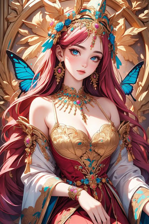 busty and sexy girl, 8k, masterpiece, ultra-realistic, best quality, high resolution, high definition, bare shoulder, floral headdress, butterflies, multicolored background, white skin, colored eyes, necklace, multicolored hair, a pink dress with intricate gold adornment, sparkle, glow, The image depicts a seated female figure, likely a representation of a goddess or mythological character, given the stylized and ornate nature of her attire and adornments. The figure is adorned with intricate jewelry, including necklaces and earrings, which suggest a status of high importance or divinity. Her headdress is elaborate, featuring multiple layers and decorative elements that add to her regal appearance. The background is richly detailed with swirling patterns and motifs that are reminiscent of Art Nouveau style, characterized by flowing lines and natural forms. The color palette is dominated by blues, golds, and earth tones, creating a harmonious and ethereal atmosphere. The overall impression is one of elegance, mysticism, and a sense of being transported to another realm or era.