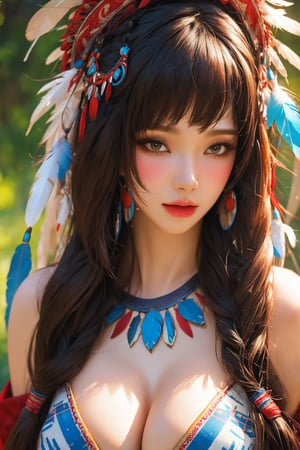 busty and sexy girl, 8k, masterpiece, ultra-realistic, best quality, high resolution, high definition, Tribal girl, feather headdress