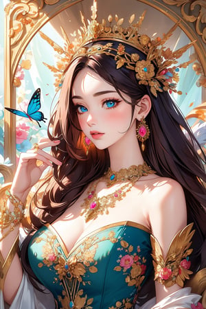 busty and sexy girl, 8k, masterpiece, ultra-realistic, best quality, high resolution, high definition, bare shoulder, floral headdress, butterflies, multicolored background, white skin, colored eyes, necklace, multicolored hair, a pink dress with intricate gold adornment, sparkle, glow, The image depicts a seated female figure, likely a representation of a goddess or mythological character, given the stylized and ornate nature of her attire and adornments. The figure is adorned with intricate jewelry, including necklaces and earrings, which suggest a status of high importance or divinity. Her headdress is elaborate, featuring multiple layers and decorative elements that add to her regal appearance. The background is richly detailed with swirling patterns and motifs that are reminiscent of Art Nouveau style, characterized by flowing lines and natural forms. The color palette is dominated by blues, golds, and earth tones, creating a harmonious and ethereal atmosphere. The overall impression is one of elegance, mysticism, and a sense of being transported to another realm or era.