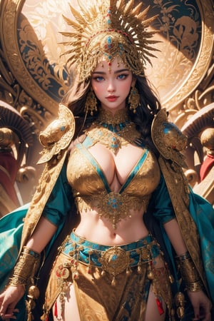 busty and sexy girl, 8k, masterpiece, ultra-realistic, best quality, high resolution, high definition, elaborate headdress with feathers , detailed armor with intricate designs, Aztec warriors, The gold-colored belt with a central medallion