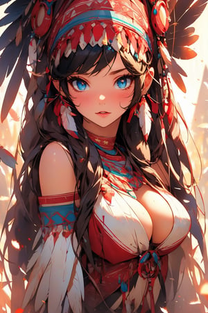 busty and sexy girl, 8k, masterpiece, ultra-realistic, best quality, high resolution, high definition, Tribal girl, feather headdress