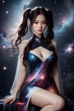 busty and sexy girl, 8k, masterpiece, ultra-realistic, best quality, high resolution, high definition, cute korean large-eyed girl, long pigtail, the features of a girl with a perfect face, sitting, A silhouette of a calm giant girl, wearing nebula, is suspended in the air against a backdrop filled with nebula, masterpiece, best Quality, Tyndall effect, good composition, highly details, warm soft light, three-dimensional lighting, volume lighting, Film lighting, cinematic lighting ,starry dress,COSMOG,GBG