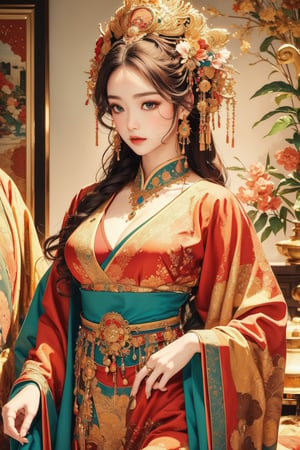 busty and sexy girl, 8k, masterpiece, ultra-realistic, best quality, high resolution, high definition,The image is an artistic representation of a female character dressed in traditional East Asian attire, possibly indicating a historical or cultural setting. The clothing and jewelry suggest a ceremonial or significant role within that context. The character's pose and the setting give a sense of tranquility and introspection. The background elements hint at a domestic interior, which may imply a personal narrative or story related to the character. The overall impression is one of elegance and grace, with a focus on the character's beauty and the rich cultural symbolism of her attire.