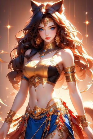 busty and sexy girl, 8k, masterpiece, ultra-realistic, best quality, high resolution, high definition, bare shoulder, sparkle, glow, close mouth, 1girl, solo, long hair, breasts, looking at viewer, blue eyes, skirt, black hair, navel, animal ears, cleavage, bare shoulders, jewelry, medium breasts, closed mouth, cowboy shot, earrings, day, midriff, cat ears, black skirt, bracelet, lips, crop top, animal ear fluff, clothing cutout, gem, armlet, gold trim, red lips, gold