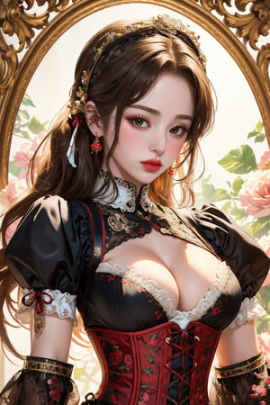 busty and sexy girl, 8k, masterpiece, ultra-realistic, best quality, high resolution, high definition, Lolita, maid, Victorian fashion, Rococo fashion, black corset with red ribbon lacing, White lace details on the sleeves, Puffed sleeves, headpiece adorned with flowers, ornate flower frame background, historical vibe, historical fashion with fantasy elements,lolita