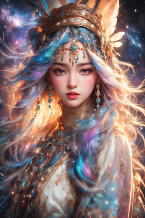 busty and sexy girl, 8k, masterpiece, ultra-realistic, best quality, high resolution, high definition, Tribal girl, feather headdress,COSMO, GALAXY,stardust ,Her hair is the highlight, flowing around her head with white to iridescent hues