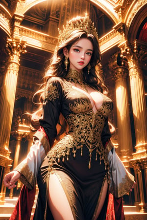 busty and sexy girl, 8k, masterpiece, ultra-realistic, best quality, high resolution, high definition, A PRETTY GIRL standing in an opulent interior setting, such as a grand staircase or hallway with ornate architectural details like arches or columns. The person is wearing an elegant, form-fitting dress with intricate gold embroidery on the bodice and sleeves, and a flowing skirt that contrasts in color, possibly black. The overall aesthetic should be luxurious and sophisticated.