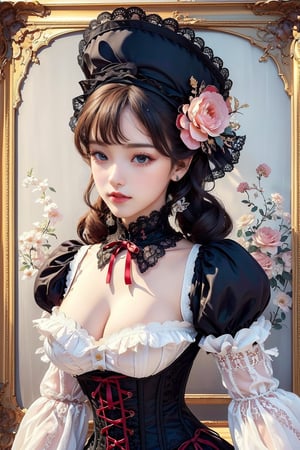busty and sexy girl, 8k, masterpiece, ultra-realistic, best quality, high resolution, high definition, Lolita, Victorian fashion, Rococo fashion, black corset with red ribbon lacing, White lace details on the sleeves, show shoulders, (hat adorned with flowers), (ornate flower frame background), (flower background), historical vibe, historical fashion with fantasy elements,lolita
