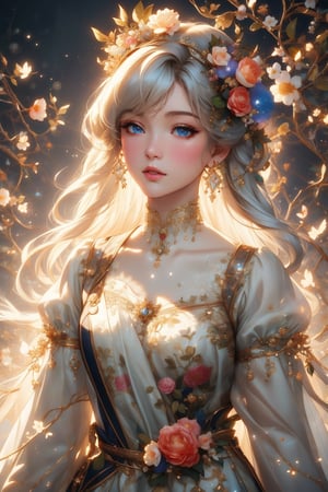 busty and sexy girl, 8k, masterpiece, ultra-realistic, best quality, high resolution, high definition, dreamy and artistic, likely aiming to evoke a sense of fantasy or a fairytale-like atmosphere. The person in the image is adorned with a vibrant floral crown, which could symbolize nature, growth, or a connection to the environment. The pastel shades and soft, bokeh-like background contribute to the ethereal quality of the scene.