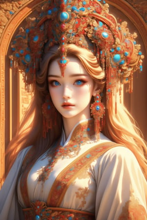 busty and sexy girl, 8k, masterpiece, ultra-realistic, best quality, high resolution, high definition, 1girl, solo, long hair, looking at viewer, blue eyes, blonde hair, hair ornament, jewelry, closed mouth, upper body, earrings, lips, makeup, chinese clothes, gem, realistic, headdress, red lips, hanfu, traditional clothes