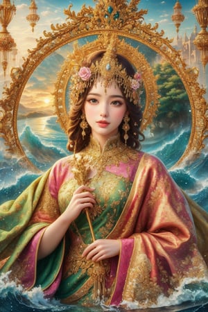 busty and sexy girl, 8k, masterpiece, ultra-realistic, best quality, high resolution, high definition, Create an image of a female figure in a classical style, with flowing hair and draped in elegant garments. The setting is within an ornate oval frame, featuring elements of nature such as floral motifs and a sunset over water in the background. The art style should be reminiscent of Art Nouveau, with intricate line work and a warm color palette.