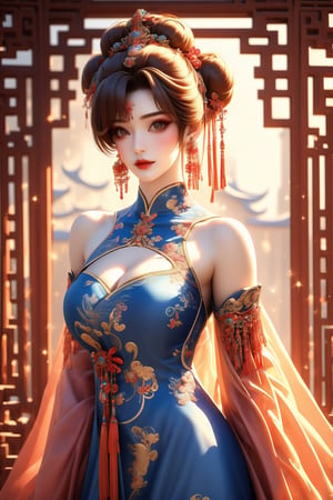 busty and sexy girl, 8k, masterpiece, ultra-realistic, best quality, high resolution, high definition, 1girl, solo, breasts, looking at viewer, short hair, bangs, large breasts, brown hair, hair ornament, long sleeves, dress, cleavage, bare shoulders, brown eyes, jewelry, closed mouth, upper body, earrings, detached sleeves, sleeveless, indoors, hand up, hair bun, nail polish, lips, clothing cutout, window, sparkle, double bun, covered navel, makeup, blue dress, chinese clothes, cleavage cutout, hand on own chest, tassel, china dress, red nails, red lips, architecture