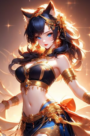 busty and sexy girl, 8k, masterpiece, ultra-realistic, best quality, high resolution, high definition, bare shoulder, sparkle, glow, close mouth, 1girl, solo, long hair, breasts, looking at viewer, blue eyes, skirt, black hair, navel, animal ears, cleavage, bare shoulders, jewelry, medium breasts, closed mouth, cowboy shot, earrings, day, midriff, cat ears, black skirt, bracelet, lips, crop top, animal ear fluff, clothing cutout, gem, armlet, gold trim, red lips, gold