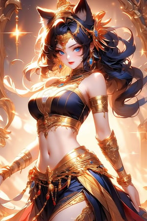 busty and sexy girl, 8k, masterpiece, ultra-realistic, best quality, high resolution, high definition, bare shoulder, sparkle, glow, close mouth, 1girl, solo, long hair, breasts, looking at viewer, blue eyes, skirt, black hair, navel, animal ears, cleavage, bare shoulders, jewelry, medium breasts, closed mouth, cowboy shot, earrings, day, midriff, cat ears, black skirt, bracelet, lips, crop top, animal ear fluff, clothing cutout, gem, armlet, gold trim, red lips, gold