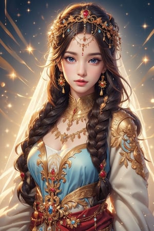 busty and sexy girl, 8k, masterpiece, ultra-realistic, best quality, high resolution, high definition, masterpiece, 1girl, solo, long hair, looking at viewer, blush, blue eyes, brown hair, black hair, long sleeves, dress, jewelry, closed mouth, upper body, braid, earrings, necklace, lips, eyelashes, single braid, gem, veil, hair over shoulder, freckles, realistic, traditional clothes, multiple braids, head chain