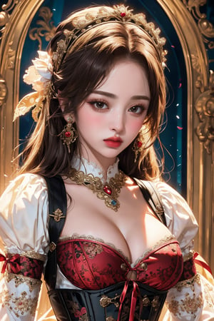 busty and sexy girl, 8k, masterpiece, ultra-realistic, best quality, high resolution, high definition, Lolita, maid, Victorian fashion, Rococo fashion, black corset with red ribbon lacing, White lace details on the sleeves, Puffed sleeves, headpiece adorned with flowers, ornate flower frame background, historical vibe, historical fashion with fantasy elements,lolita