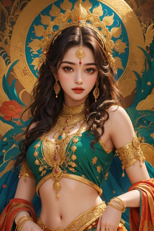 busty and sexy girl, 8k, masterpiece, ultra-realistic, best quality, high resolution, high definition,The image features a figure adorned with traditional Indian attire and jewelry, indicative of a deity from Hindu mythology. The central figure's headdress is ornate, suggesting a royal or divine status, and the peacock feather motifs are emblematic of the Hindu goddess Sri Lanka, also known as Lakshmi. The use of vibrant colors and intricate patterns on the clothing is characteristic of Indian art and often represents the richness of culture and spirituality. The serene expression and regal pose further suggest a depiction of a divine being, likely associated with prosperity and beauty. The presence of the peacock, a creature often associated with the goddess, reinforces this interpretation. The overall composition and stylistic elements are reminiscent of traditional Indian religious iconography.