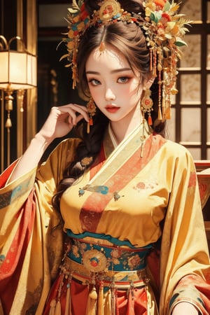 busty and sexy girl, 8k, masterpiece, ultra-realistic, best quality, high resolution, high definition,The image is an artistic representation of a female character dressed in traditional East Asian attire, possibly indicating a historical or cultural setting. The clothing and jewelry suggest a ceremonial or significant role within that context. The character's pose and the setting give a sense of tranquility and introspection. The background elements hint at a domestic interior, which may imply a personal narrative or story related to the character. The overall impression is one of elegance and grace, with a focus on the character's beauty and the rich cultural symbolism of her attire.