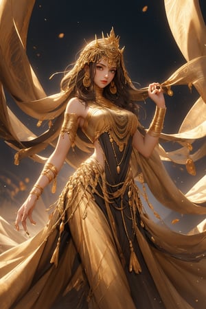 busty and sexy girl, 8k, masterpiece, ultra-realistic, best quality, high resolution, high definition,The image features a fantasy character standing in a body of water, which is depicted with concentric circles and ripples. The character has long white hair, green eyes, and is adorned with golden armor and a crown-like headpiece. They hold a staff that emits golden flames, suggesting magical abilities. The overall color scheme is dark with gold accents, creating a mystical and regal atmosphere.