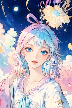 letterbox, portrait closeup, open mouth, starry sky, solo, blue eyes, 1girl, sky, (masterpiece, detailed, highres:1.4), capturing the quiet beauty and soothing essence of a woman in a whimsical, pastel watercolor world, amano yoshitaka,scandal mami