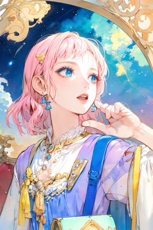 letterbox, portrait closeup, open mouth, starry sky, solo, blue eyes, 1girl, sky, (masterpiece, detailed, highres:1.4), capturing the quiet beauty and soothing essence of a woman in a whimsical, pastel watercolor world, amano yoshitaka,scandal rina,scandal mami