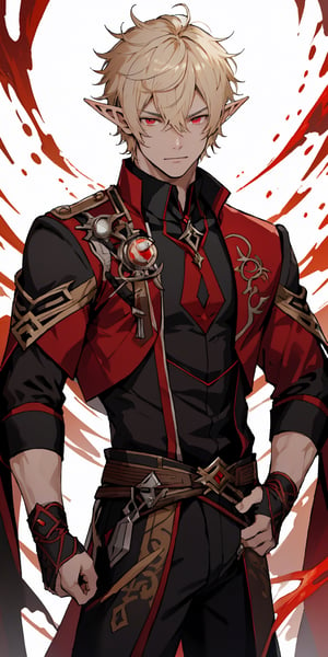 1man, young man, 25 years old, tall man, short curly hair, white blonde hair, blood red eyes, pointed ears,elf ears, ,wrench_genshin_style, magician clothes, fantasy clothing, dynamic pose, masterpiece, aesthetic body, fitness body, ectomorph body, hd, 8k, high quality, perfect face, detailed eyes, relax face, pyromancer